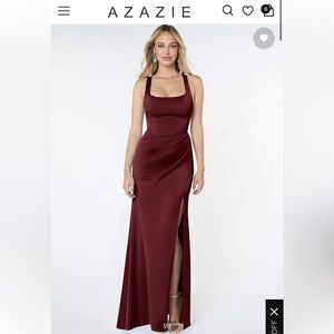 Azazie Mero Cabernet Sheath Pleated Stretch Satin Dress